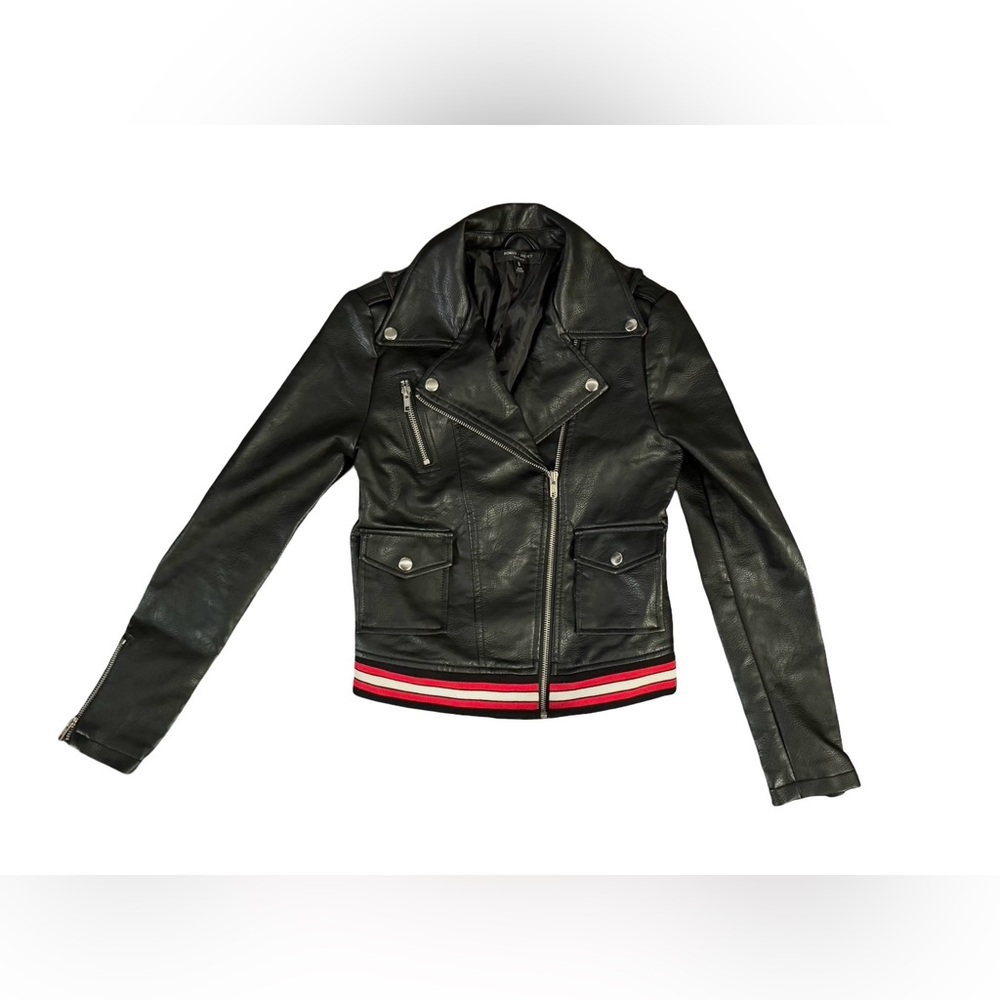 Romeo & Juliet Couture Black Faux Leather Motorcycle Jacket Zippers Size Small
